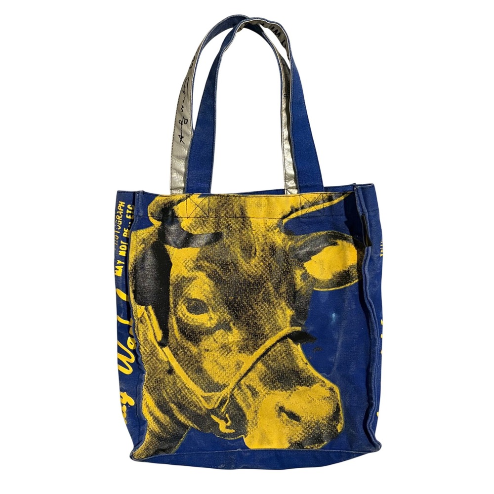 Y2K Andy Warhol Cow 1971 Blue Canvas Tote Bag Art Pop Art Silver Metallic Straps